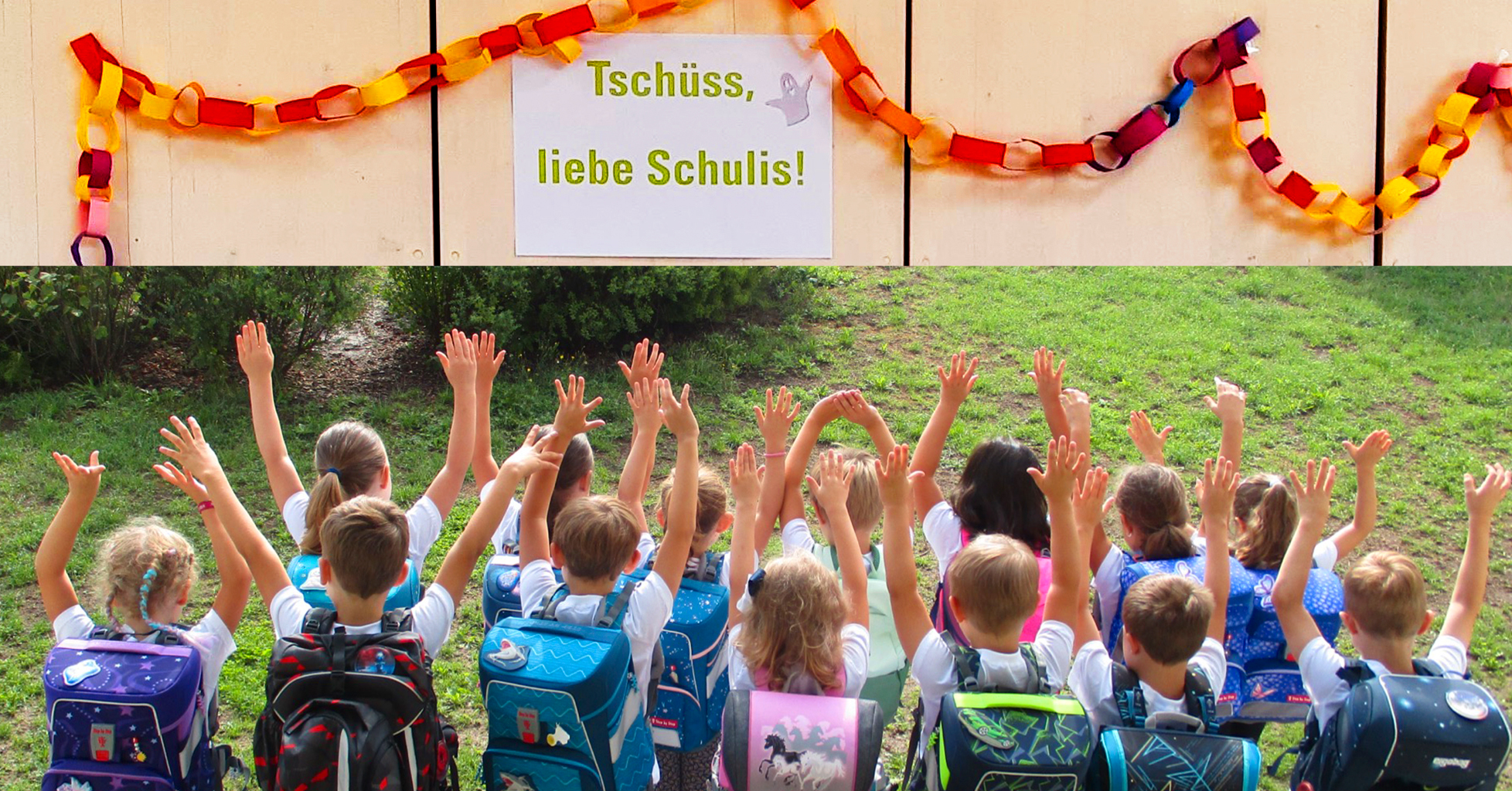Kita-Kinder mit Schluranzen, darber ein Schild "Tschüss liebe Schulis"